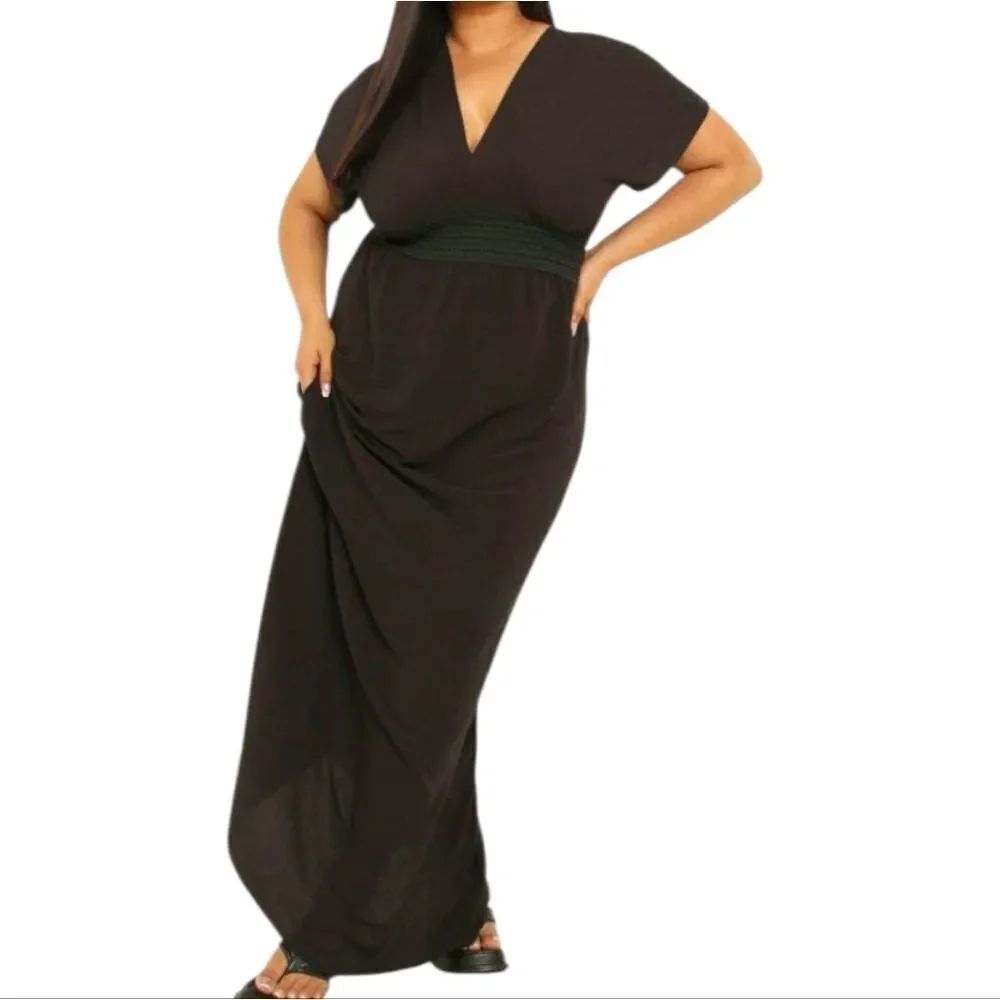 Boohoo Black Maxi Swim Dress – Plunge Neck, Size 18